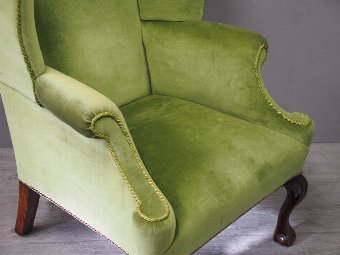 Antique George III Style Green Velvet Wing Chair