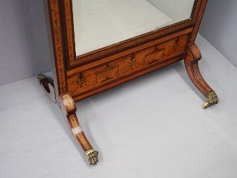 Antique Victorian Inlaid Satinwood and Mahogany Cheval Mirror