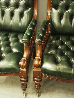 Antique Pair of Mahogany and Green Leather Library Chairs