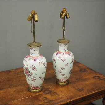 Pair of Famille Rose Porcelain Lamps