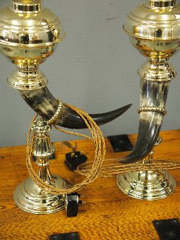 Antique Pair of Bovine Horn and Brass Lamps