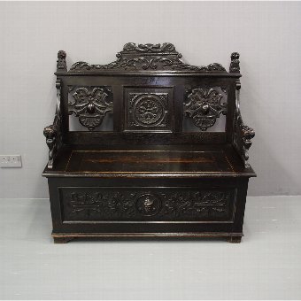 Victorian Dark Oak Carved Hall Bench