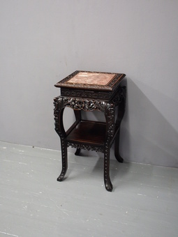 Antique Chinese Carved Hardwood and Marble Plant Stand