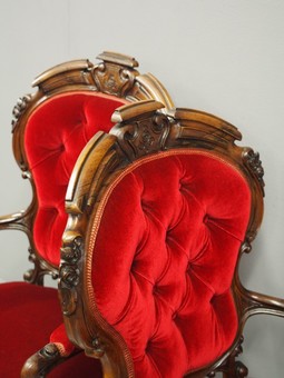 Antique Pair of Victorian Walnut and Red Velvet Armchairs