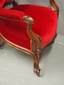 Antique Pair of Victorian Walnut and Red Velvet Armchairs