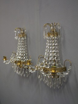 Antique Pair of Victorian Brass and Cut Crystal Wall Sconces