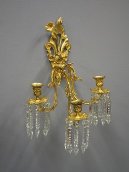 Antique Pair of Ormolu and Cut Crystal Wall Sconces