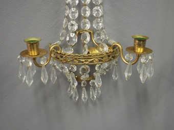 Antique Pair of Victorian Brass and Cut Crystal Wall Sconces