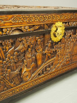 Antique Anglo-Chinese Carved Camphorwood Trunk