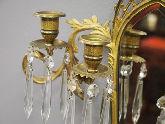 Antique Pair of Mirrored, Ormolu and Crystal Wall Sconces