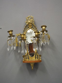 Antique Pair of Mirrored, Ormolu and Crystal Wall Sconces