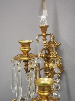 Antique Pair of Brass and Cut Crystal Wall Sconces