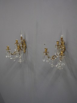 Antique Pair of Brass and Cut Crystal Wall Sconces