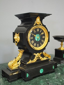 Antique French Slate, Malachite and Gilt Bronze Clock Garniture
