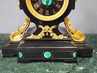Antique French Slate, Malachite and Gilt Bronze Clock Garniture