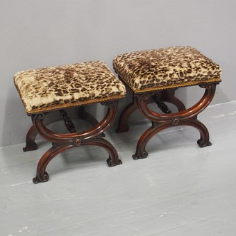 Antique Pair of Rosewood and Leopard Print Top Stools