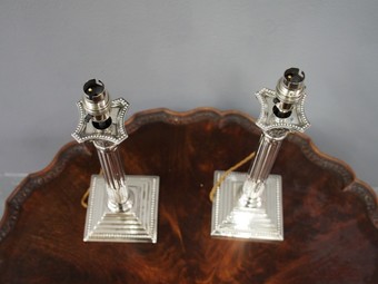 Antique Pair of Silver Plated Corinthian Lamps