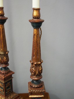 Antique Carved and Painted Italian Wood Candlesticks