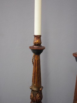 Antique Carved and Painted Italian Wood Candlesticks
