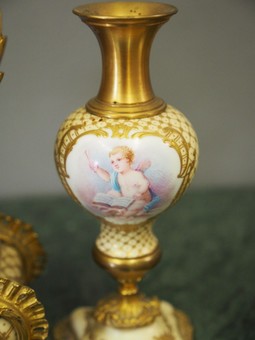 Antique French Painted Porcelain Clock Garniture