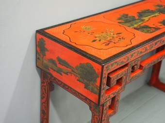 Antique Red Lacquered and Painted Chinese Hall Table	