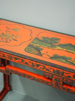 Antique Red Lacquered and Painted Chinese Hall Table	
