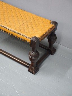 Antique Jacobean Style Oak and Leather Low Stool