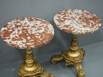 Antique Pair of Marble Top and Gilded Occasional Tables