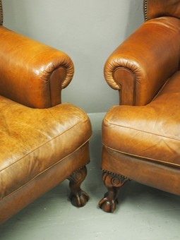 Antique Pair of Georgian Style Tan Leather Wing Chairs