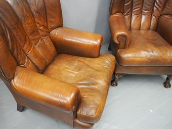 Antique Pair of Georgian Style Tan Leather Wing Chairs