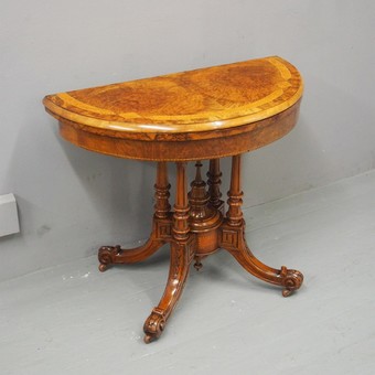 Victorian Inlaid and Burr Walnut Demi-Lune Card Table