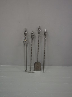 Antique Set of 4 Polished Steel Fireside Tools