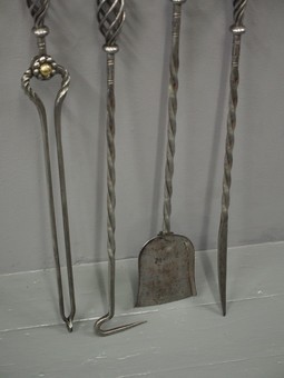 Antique Set of 4 Polished Steel Fireside Tools