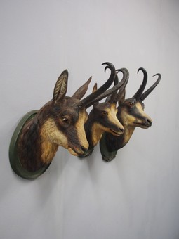 Antique Carved Painted Swiss or Black Forest Ibex Heads