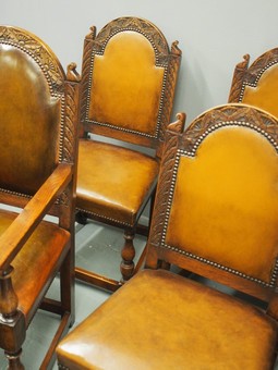 Antique Set of 6 Carved Oak and Leather Dining Chairs