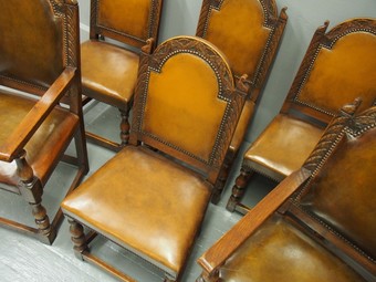 Antique Set of 6 Carved Oak and Leather Dining Chairs