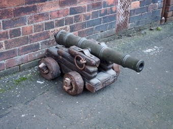 Antique Pair of Bronzed Steel Cannons on Pine Stands