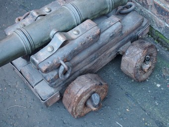 Antique Pair of Bronzed Steel Cannons on Pine Stands