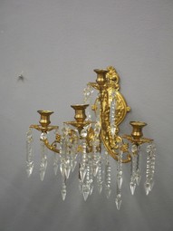 Antique Pair of Gilded Bronze and Cut Crystal Wall Sconces