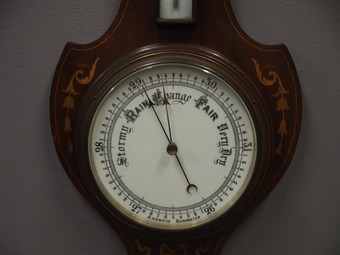 Antique Sheraton Style Inlaid Mahogany Barometer / Thermometer
