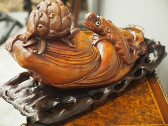 Antique Chinese Hand Carving of a Deity and Dragon
