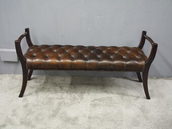 Antique Regency Style Mahogany and Brown Leather Stool / Bench