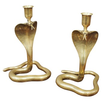 Antique Pair of Cast Brass Cobra Design Candlesticks