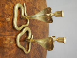 Antique Pair of Cast Brass Cobra Design Candlesticks