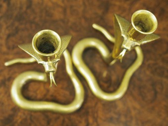 Antique Pair of Cast Brass Cobra Design Candlesticks