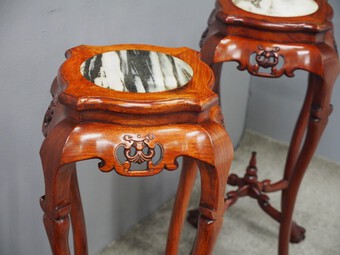 Antique  Pair of Chinese Padouk Marble Top Plant Stands