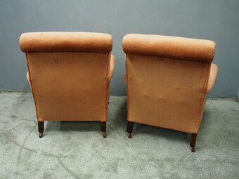 Antique Pair of Victorian Mahogany and Peach Velvet Easy Chairs