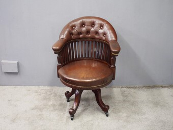 Antique Victorian Brown Leather and Mahogany Office Chair