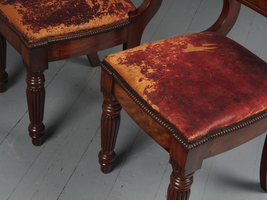 Antique Rare Pair of Brass Inlaid Mahogany and Leather Library Chairs