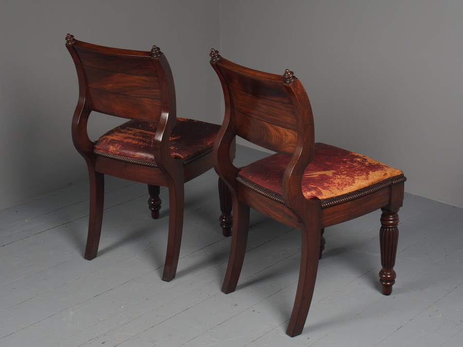 Antique Rare Pair of Brass Inlaid Mahogany and Leather Library Chairs